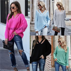 女性のための秋と冬のソリッドカラーTシャツのプルオーバー緩い大きな気質のVネックセーター