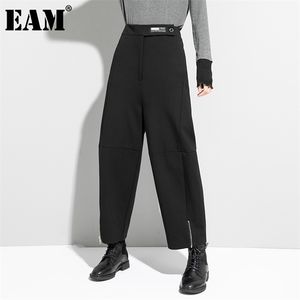 [EAM] Hohe Taille Schwarz Lange, Breite Bein Zipper Gestreiften Hosen Lose Fit Hosen Frauen Mode Frühling Herbst 1DD1519 211115