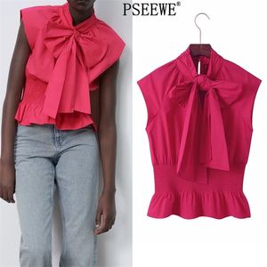 Fuchsia Bow Poplin Colheita Top Mulheres Verão Plissura Sem Mangas Chique Mulher Blusa Elástico Hem Streetwear Feminino 210519