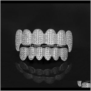 Grillz, Dental Vücut Drop Teslimatı 2021 Altın Parlak Izlı Dişler Grillz Rhinestone Topbottom Grills Set Hip Hop Takı 3SKLF