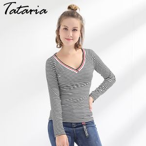 Causal Stickad Långärmad Kvinnor Skjorta Pullover Slim Striped Kvinna T-shirts V-Hals Toppar Feminina Ladies Kläder Tataria 210514