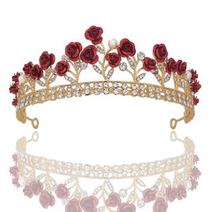 Haarspangen Haarspangen 2021 Luxus rote Rose Blume Ornament Kristall Schmuck Krone Kopfschmuck koreanische Hochzeit Zubehör Braut