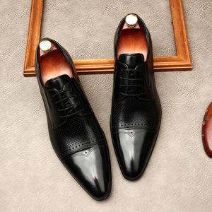 Män äkta läderklänningskor Black Italian Business Shoes Lace Up Formal Wedding Elegant Party Oxford Shoe Storlek 11 12 12