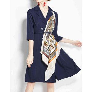 Women Vintage Navy Printing Silk Scarf Slim Long-Sleeve Double Breasted Lace Up Knee-Length Dress OL D3036 210514