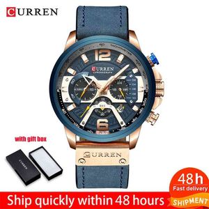 Curren Casual Spor Saatler Erkekler Için Mavi Üst Marka Lüks Askeri Deri Bilek İzle Adam Saat Moda Chronograph Wrratch 210329