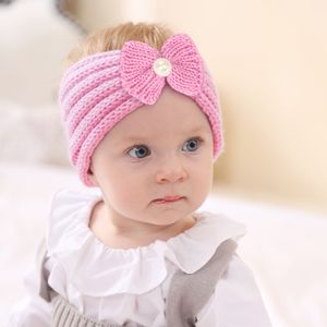 Baby Headband Bow hairbands crianças fios de lã cor sólida de malha pérola tricô bands toddler sretch headband quente para meninas kha246
