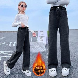 Jeans inverno meninas quentes denim calças elásticas cintura casual solta adolescentes calças grossas veludo algodão largo perna crianças