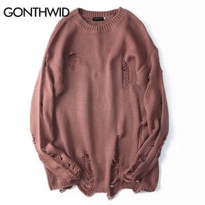 Gonthwid Ripped Zniszczone dziury Trudnowane swetry męskie dzianiny sweter męski hip hop moda luźny sweter streetwear 210929