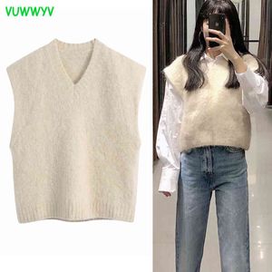 VUWWYV Autumn Apricot Ribbed Knitted Vest Female Warm Cropped Woman Sweaters Sleeveless Waistcoat V-Neck Ladies Tops 210430