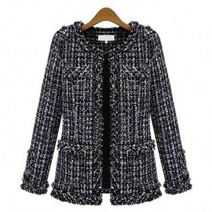 Outono inverno preto preto xadrez solto casaco curto mulheres vintage o pescoço manga comprida borla tweed plus size ladies jaqueta 210526
