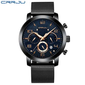 Crrju malha relógios homens business casual quartzo relógio de pulso homens cronógrafo água impermeável calendário legal vestido relógios reloj hombre 210517