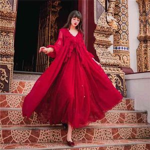 Kırmızı Parti Gece Kulübü Vestidos De Fiesta Orta Buzağı Şifon Uzun Elbise Tam Kollu 2 Parça Kıyafetler Kadınlar Yaz 210603
