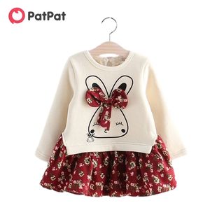 Ankunft Herbst und Winter Frühling Baby Kleinkind Faux-Two Bunny Print Blumenkleider für Kinder Mädchen Kleidung 210528