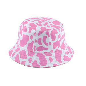 2021 New Fashion Korean Pink Cow Print Bucket Hat Kvinnor Vändbar Fiske Cap Bob Chapeau Höst sommar Y220301