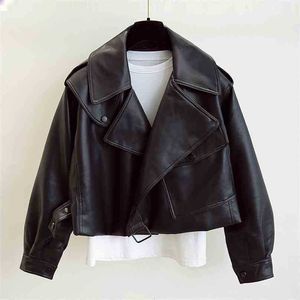 女性のオートバイのジャケット春秋のゆるいストリートウェアの襟の短い革のコート女性カジュアルPUの出雲210525