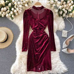 レディファッションブリンの光沢のあるベルベットのドレス女性の秋と冬のプリーツのスリム長袖パッケージhip vestido de mujer q571 210527