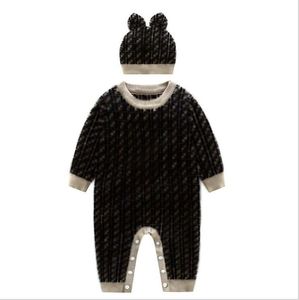 Niedliche Baby-Jungen-Mädchen-Marken-Strampler mit Buchstaben F, langärmlige Säuglingsoveralls mit Hüten, Herbst-Winter-Kleinkind, warm halten, gestrickte Onesies, tolle Qualitäts-Kinderkleidung