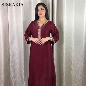 Siskakia Jalabiya Uzun Kollu Maxi Elbise Kadınlar için Güz Dubai Abaya Moda Elmas Şerit V Boyun Müslüman Arapça Robe 210630