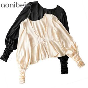 Elegante Cetim Preto Camisas Verão Puff Sleeve Baixo Botão Botão Frente Blusas Casuais Blusas Femininas Ruffles Colheita Tops 210604