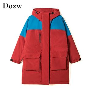 Dorywczo Patchwork Parkas Kobiety Z Długim Rękawem Luźne Grube Ciepłe Płaszcze Kobiet Zipper Kieszonkowy Kurtka Z Kapturem Lady Ropa Mujer 210515