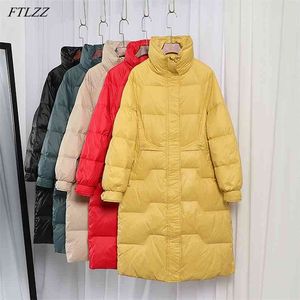 Zimowa długa kurtka Luźna kobiet Gruby Ciepłe 90% White Duck Down Parka Stand Collar Wiatroodporny Żółty Snow Coat Znosić 210430