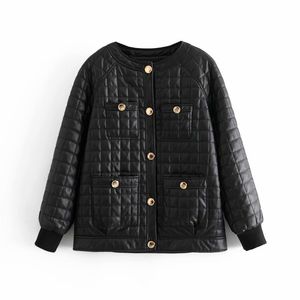 Vintage mulher preta solta xadrez o-pescoço jaqueta de couro primavera-outono moda senhoras superdimensionado pu outerwear meninas legal casacos 210515