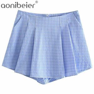 Gingham Sommarbottnar Pläterad Front Plaid Shorts Zipper Back High Waist Straight Casual Women Checked 210604