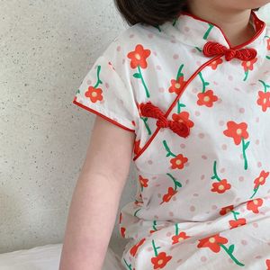 Sommer-Cheongsam mit Blumenmuster im chinesischen Stil für Mädchen, lässiges Kleid aus Baumwolle, Kinderkleid 210508