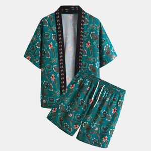 Luclesam Män Etniska Floral Cardigan Suit Mens Casual Print Kortärmad Kimono Shorts Set Two-Pite Suit X0909