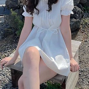 Yitimuceng Mini Sukienki Dla Kobiet Letni Koreański Moda Koronki W Górę 2 Noszą Sukienka Krótki Rękaw Puflowy Biały Light Green Sundress 210601