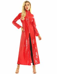Preto vermelho pvc split front manga longa vestido mulheres moda zipper tornozelo comprimento vestido clube festa cosplay traje novidade casaco