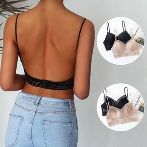 Sexig Backless Strapless Bra Push Up Plus Storlek Bras för Kvinnor Tunn Lace Bralette Dots Mesh Underkläder Brassiere Låg Bak Underkläder Y0925