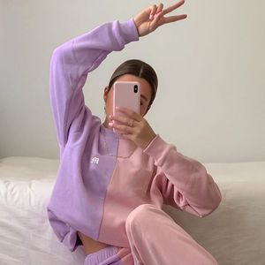 Primavera Outono Casual Feminino Tracksuit Rosa e Roxo Cores Misturas Splicing Outfits Calças Calças Fêmeas Duas Peça Movimentar 210514