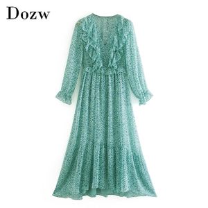 Vintage Printed Ruffle Long Dress Women V Neck Elegant Chiffon Sleeve A Line Chic Party es Robe Femme 210515