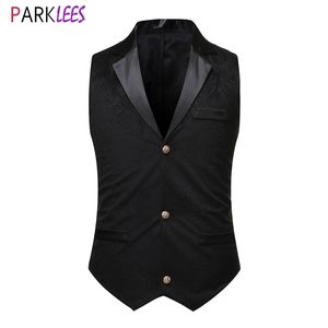 Men's Black Gothic Steampunk Waistcoat Voltar Split Sem Mangas Sem Mangas Texudo Vest Homens Medieval Victorian Aristocrata Cosplay Fato de Prom 210522