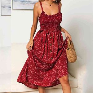 女性のレースのフリルズドットプリントMidi Red Dress Summer Bohemian Aラインプリントノースリーブボタンエレガントなビンテージドレス女性210508