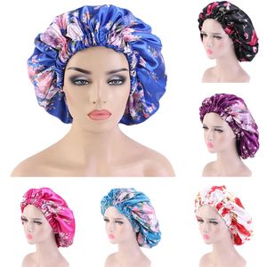 Satin Night Sleep Kobiety Kwiat Drukuj Elastyczna Cap Pielęgnacja Pielęgnacja Włosów Czapka Wrap Head Head Scarf Cover Czapki Utrata Włosów Kapelusz Turban