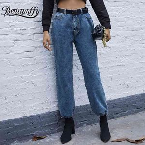 Höst vinter mode hög midja jeans kvinnor casual streetwear tvätt denim byxor kvinna rakt utan bälte 210510
