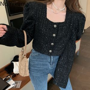 Nomikuma Puff Sleeve Square Collar Women Coat Korean Single Breasted Short Jacket Spring New Femme Ytterkläder Toppar 6F427 210427