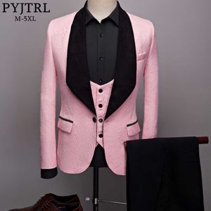 PYJTRL Mens Fashion Big Shawl Lapel 3 Pieces Set Pink Red Blue White Black Wedding Groom Suits Quality Jacquard Banquet Tuxedo X0909