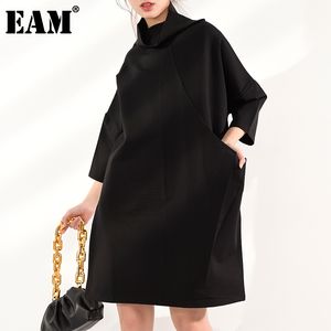 [EAM] Women Black Leisure Big Size Dress Turtleneck Three-quarter Sleeve Loose Fit Fashion Spring Autumn JL23001 21512