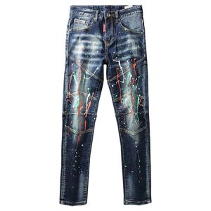 Americano Streetwear Moda Homens Jeans Retro Escuro Azul Buck Designer Biker Homme Elástico Pintado Pintado Lápis Calças 210716