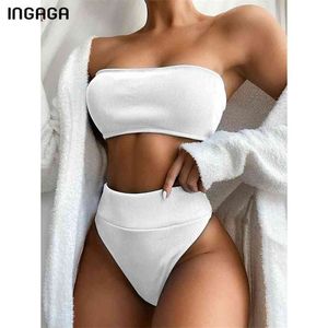 Ingaga High Waist Bikinis Bandeau Stroje kąpielowe Swimwear Kobiety Czarny Bez Ramiączek Biquini Cut Suit Suit Beachwear 210611