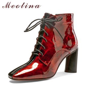 Real Leather High Heel Short Boots Women Shoes Square Toe Block Heels Zip Cross Tied Ankle Lady Wine Red Autumn 40 210517