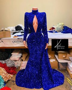 Arabiska Aso Ebi Evening Pageant Klänningar 2021 Real Image Royal Blue Sparkly Sexy High Neck Långärmad Svart Tjej Afrikansk Prom Klänning Slitage