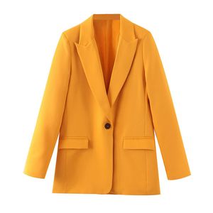 シックな長袖の女性のブレザージャケットのポケットシングルボタンのオフィスレディースの黄色いカジュアルストリートウェア女性の外出トップスコート210430