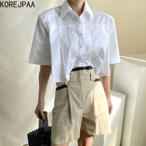 Korejpaa 여성들은 여름 한국어 세련된 모든 일치 옷깃 주름을 찍은 반팔 셔츠 높은 허리 더블 포켓 캐주얼 반바지 210526