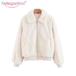 Aelegantmis Moda Kadınlar Faux Kürk Kabarık Ceket Sonbahar Kış Kalın Sıcak Kürklü Mont Fermuar Kısa Ceketler Beyaz Bayanlar Giyim 210607