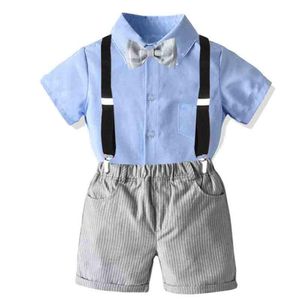 Kleidungssets Baby-Jungen-Hemd-Set mit Schleife, Geburtstag, formelles Kostüm, Sommer-Kind-Shorts, himmelblaues Oberteil + graue Hosenträger-Hosen-Outfits