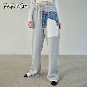 Twotwinstyle casual wide ben byxor för kvinnor hög midja patchwork pocket rakt lösa byxor kvinnliga mode kläder 211124